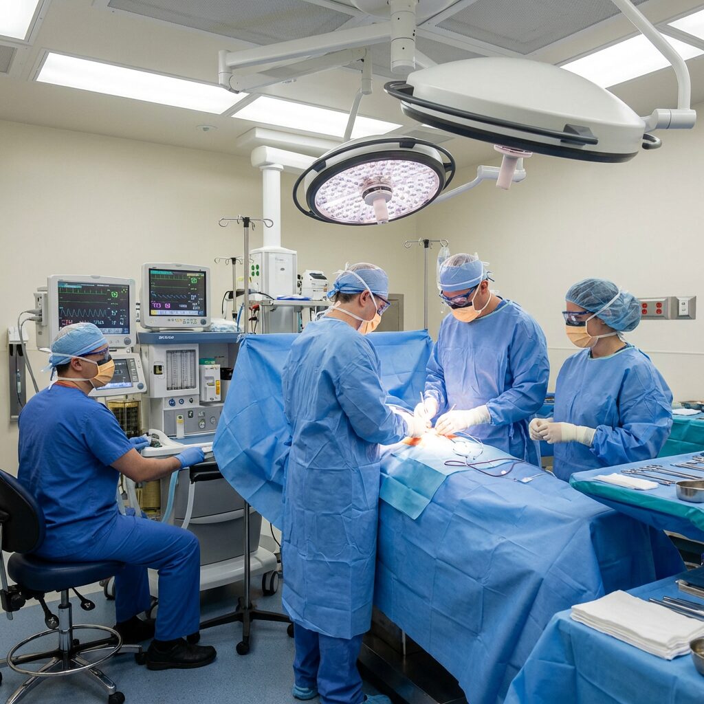 Surgical team working together in a modern operating room